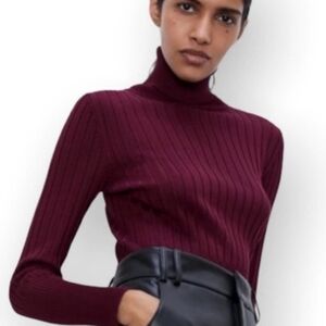 Zara Burgandy Red Ribbed Mockneck Sweater